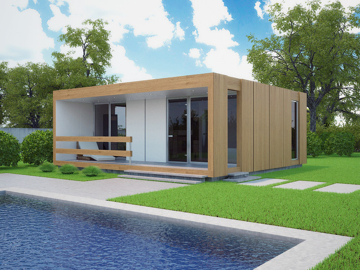Небольшой модульный дом с бассейном во дворе. Стильный дизайн быстро возводимого дома органично смотрится на фоне коротко стриженного газона.