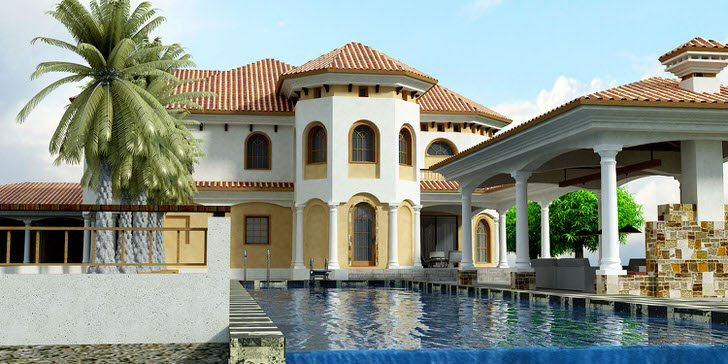 Фасад дома в средиземноморском стиле выполнен в светло-бежевых тонах. Для стиля характерны арочные оконные проемы. 