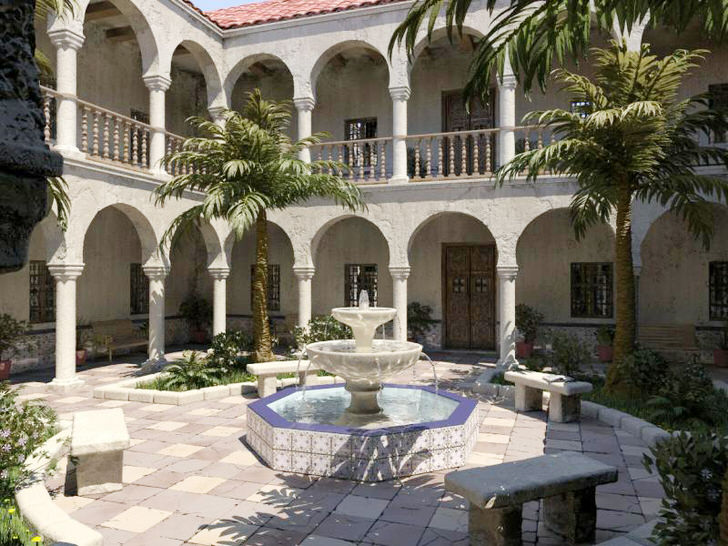 Лучшее украшение для внутреннего двора в средиземноморском стиле - фонтан. Стильный, многоярусный фонтан небольших габаритов в зоне отдыха.