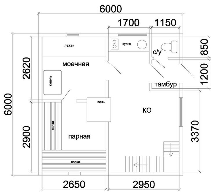 Один из вариантов планировки первого этажа дома с баней. Печь в центре помещения позволяет поддерживать тепло как в парной так и в комнате отдыха.