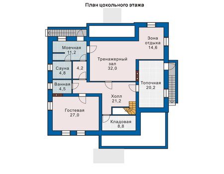 План цокольного этажа с гостевой комнатой, сауной и спортзалом