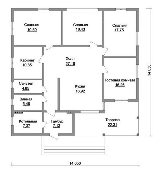 Одноэтажный дом цокольным этажом: 4 спальни, просторная кухня и холл подойдут и для большой семьи