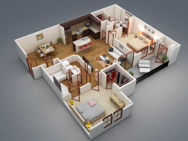 Планировка одноэтажного дома с двумя спальнями менее сложная, но тоже требует вдумчивого подхода