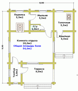 планировка одноэтажного гостевого дома-бани 8х9