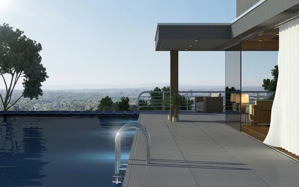 Современный дом с бассейном и прекрасным видом — стоковое фото