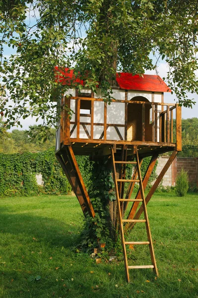 Милый маленький дерево дом для детей на заднем дворе — стоковое фото