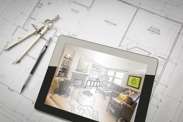 Планшетный компьютер, показывая номер иллюстрации на дом планы, карандаш — стоковое фото