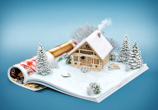 Симпатичные бревенчатый дом на странице журнала открыт в зимний период. Необычная зима иллюстрации — стоковое фото