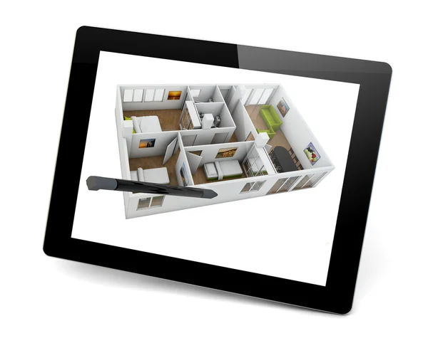 Проектирование дома на планшетном ПК — стоковое фото