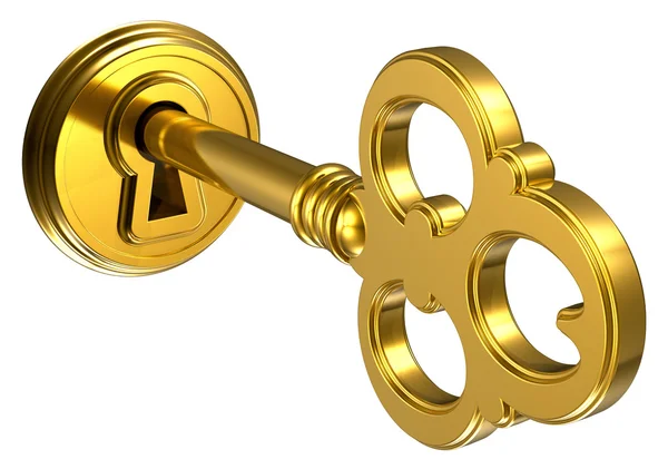 Золотой ключ в замочной скважине — стоковое фото