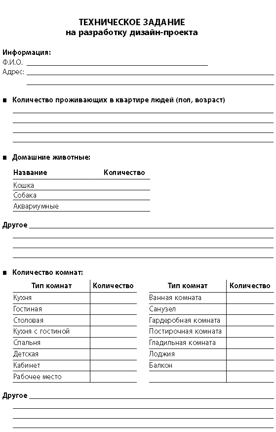 Анкета заказчика для дизайна интерьера - Гранд Проект Декор.ру